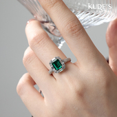 KUDE S库迪家925银培育祖母绿宝石戒指女士2.2克拉奢华复古时尚