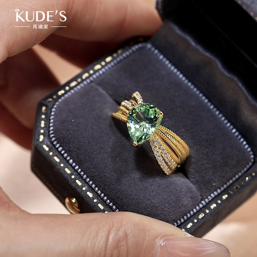 KUDE'S库迪家3.4ct培育沙弗莱绿宝石水滴形戒指女交叉线条Z0009R