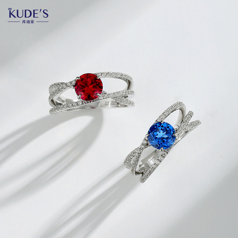 KUDE'S库迪家1.36克拉培育红蓝宝石戒指女士925银高级设计感钻戒