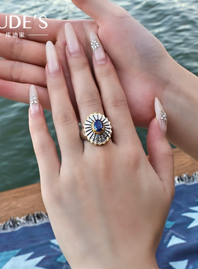 培育蓝宝石建筑风重工戒指S925银高级感复古欧式个性潮流