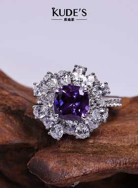 库迪家紫色宝石花朵戒指女锆石镶嵌银饰戒指时尚手饰