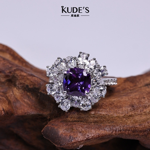 库迪家紫色宝石花朵戒指女锆石镶嵌银饰戒指时尚手饰