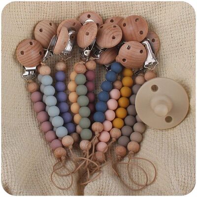 Beech Wood Chew Silicone Bead Pacifier Clips Dummy Chain Hol