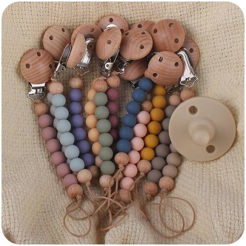 Beech Wood Chew Silicone Bead Pacifier Clips Dummy Chain Hol