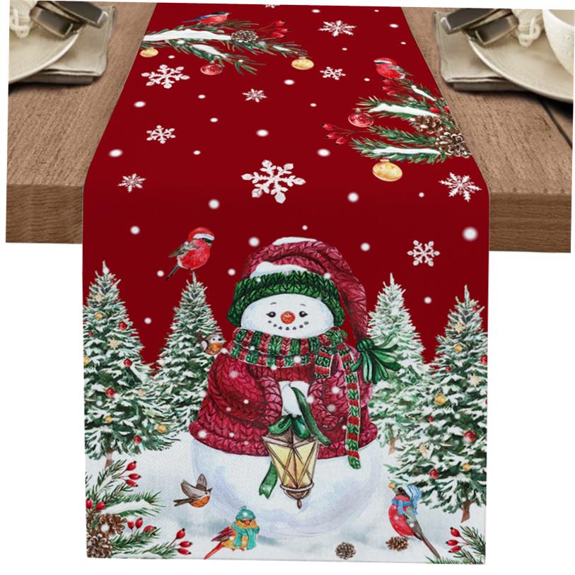 Christmas Decoration Snowman Robin Berry Linen Table Runner