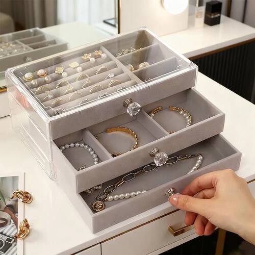 1pc can stack 3 layers of beige/gray drawer style jewelry bo