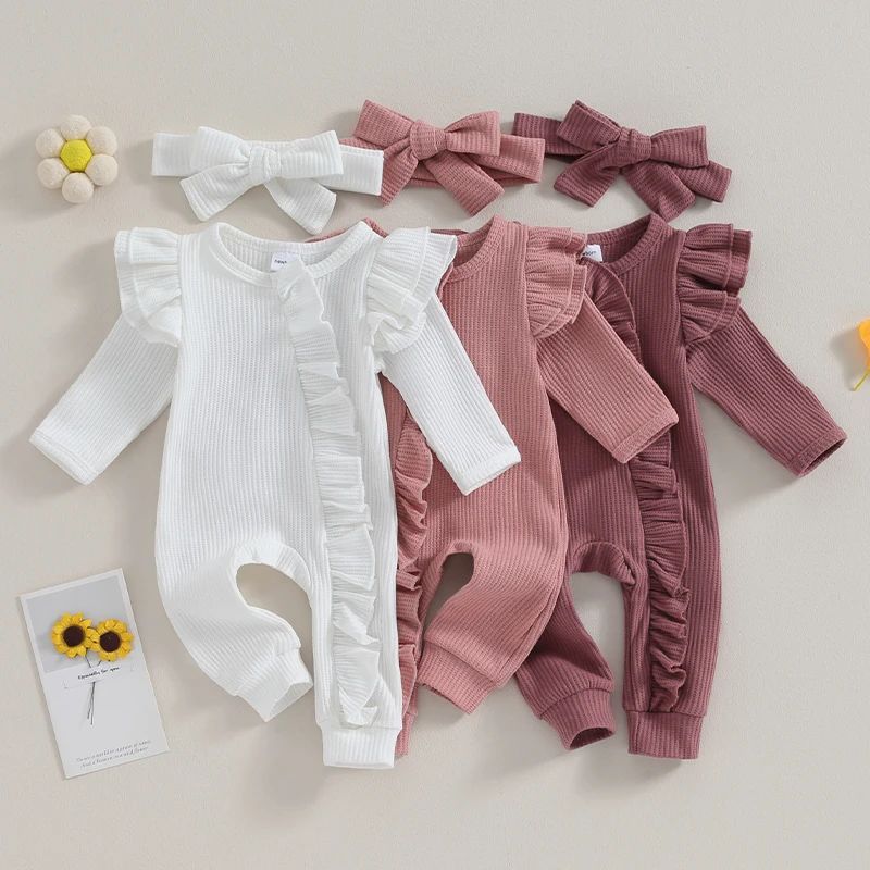 Newborn Infant Girls Solid Color Waffles Jumpsuits Baby Long
