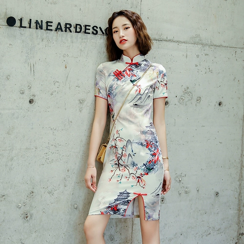 Легкое ципао, приталенное короткое платье с коротким рукавом, мини-юбка, 2020 года, светлый стиль, китайский стиль