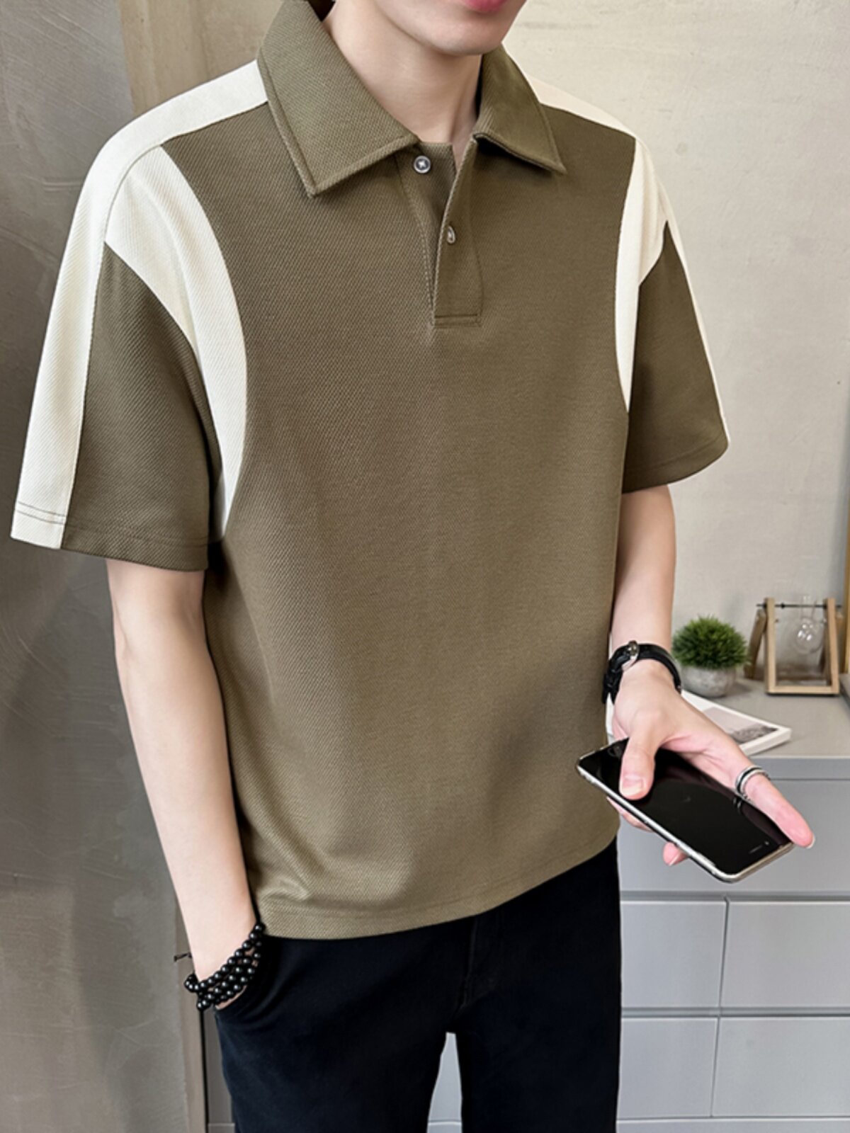 SUMMER BRITISH MENS ICE SILK SHORT SLEEVE POLO SHIRT FASHION COLOR-BLOCKED HALF SLEEVE TRENDY LAPEL T-SHIRT WAFFLE TOP