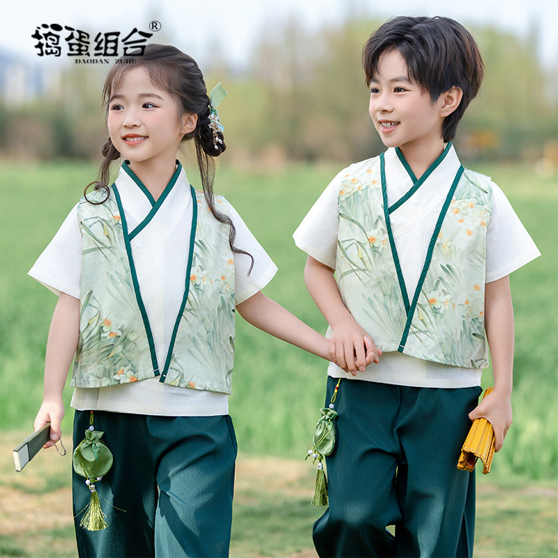 明制汉服男童夏季新中式国风短袖新年衣服幼儿园古装小学生演出服图片