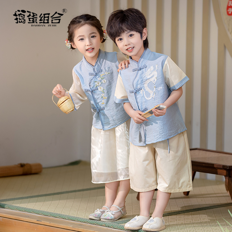 儿童古装汉服男童夏季短袖唐装改良中国风国学服幼儿园民族演出服