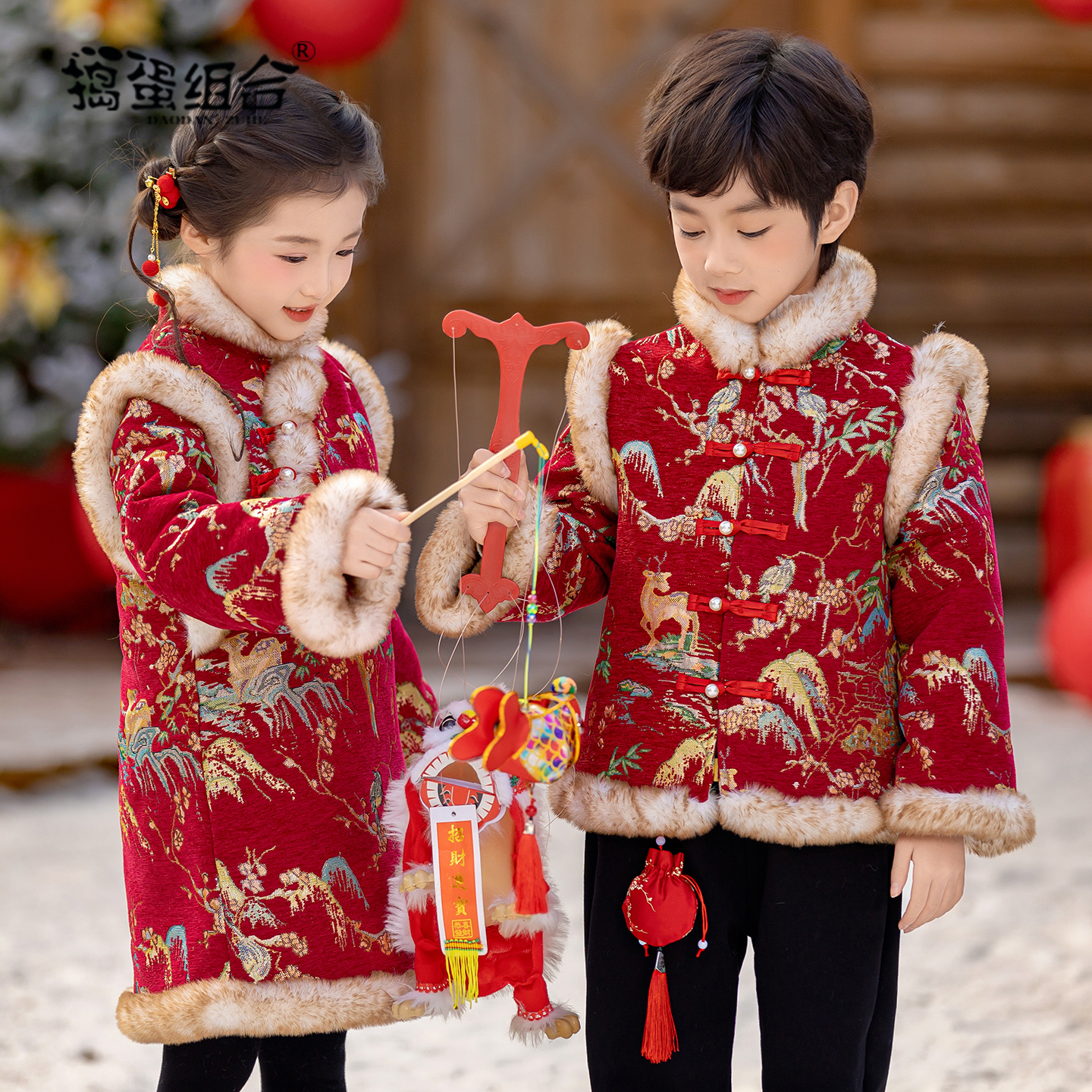 儿童红色新年唐装2026新款加棉男童拜年服女童旗袍裙幼儿园演出服