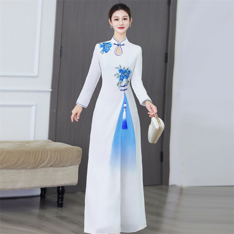 新款改良走秀旗袍表演服女长款中国风高端大气连衣裙舞台演出服装