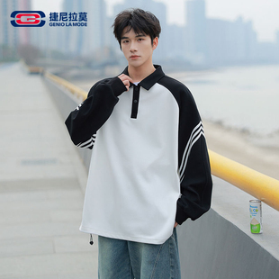 【敖瑞鹏代言】Geniolamode休闲卫衣潮春秋两粒扣小翻领条纹上衣