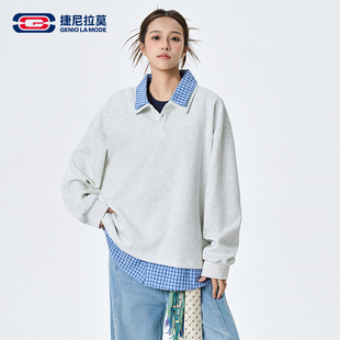 【敖瑞鹏代言】捷尼拉莫保暖常规长袖翻领卫衣套头运动情侣假两件