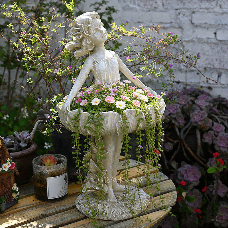 欧式复古女神花盆摆件树脂天使提裙子装饰仙女风装饰花器户外庭院