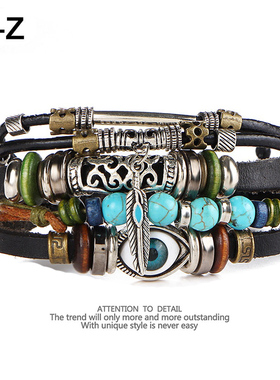 五层串珠蓝色眼睛牛皮手链民族风