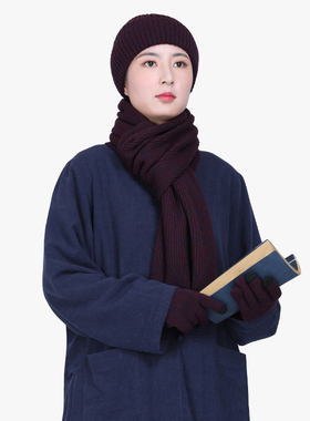 新款尚远僧帽冬季针织三件套复古禅风帽子围巾手套男女通用居士帽