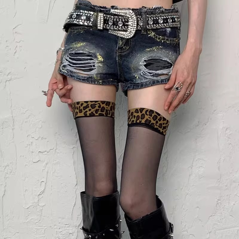 豹纹丝袜拼接性感黑丝袜女春夏透明长筒过膝丝袜纯欲黑色辣妹百搭