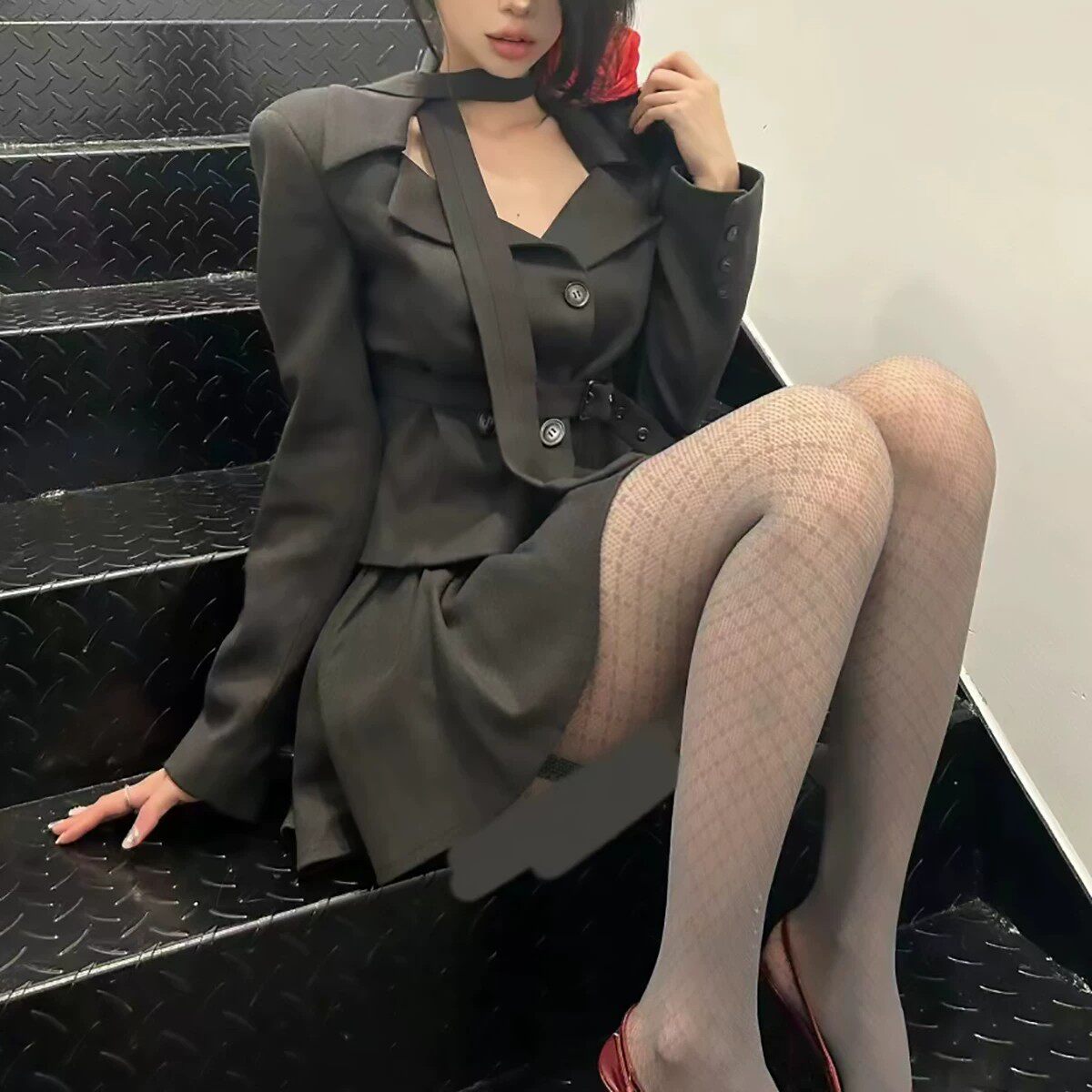 格雷系灰网提花防勾显瘦连裤袜
