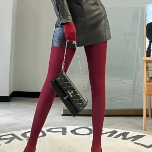 红色连裤袜女复古天鹅绒秋冬打底