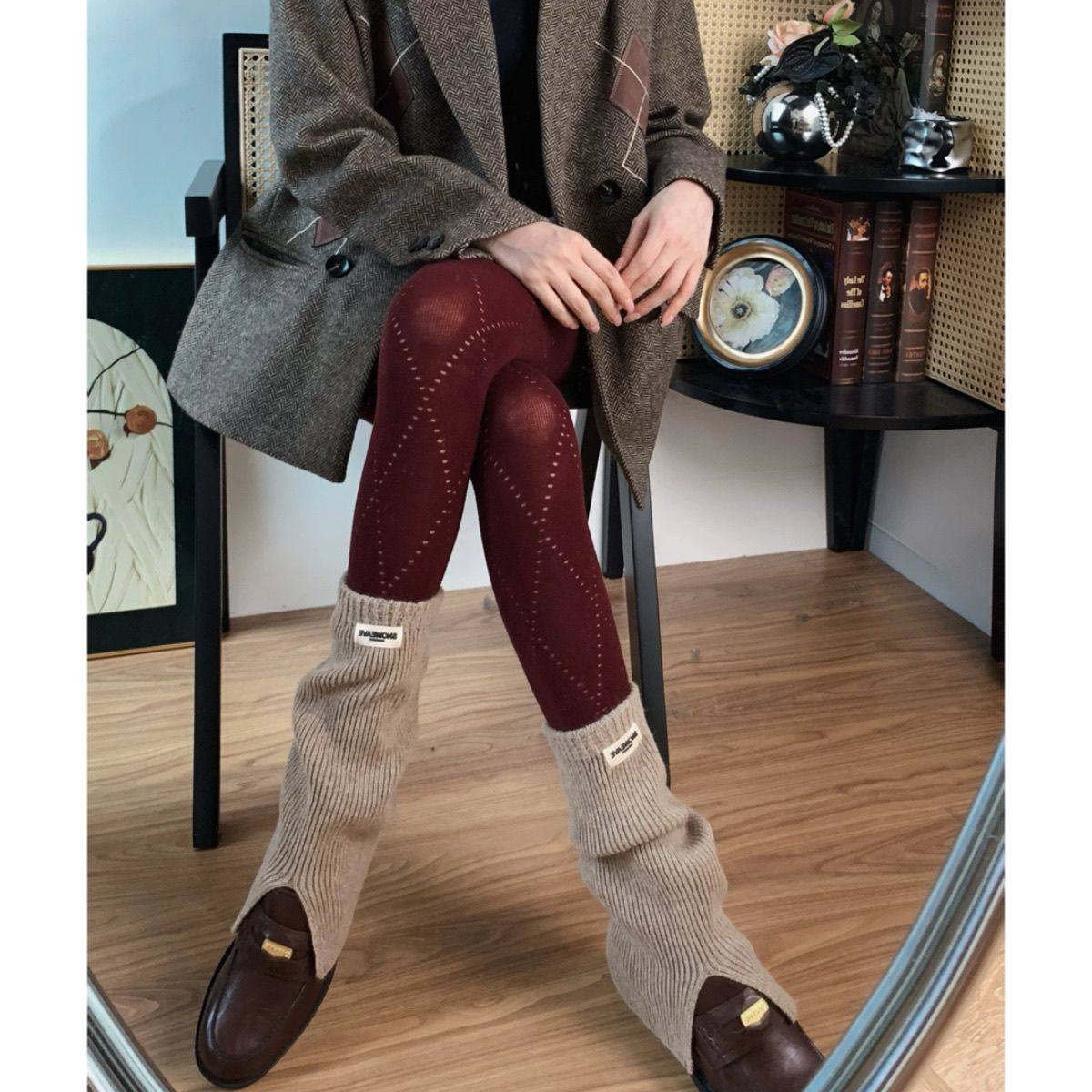 菱格打底袜太jue辣！酒红色菱形格镂空连裤袜显瘦棉质外穿打底袜