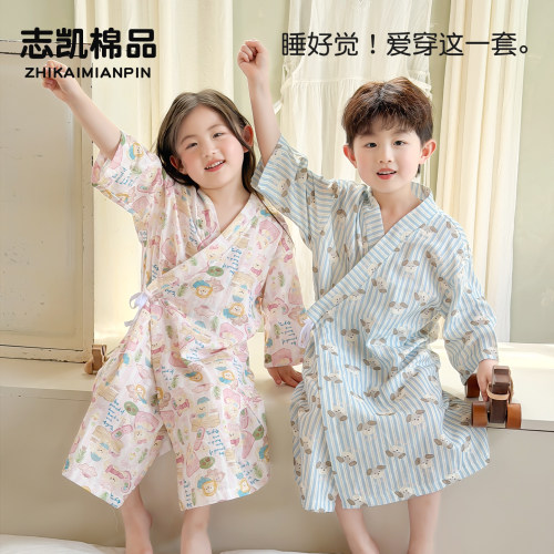 夏季A类纯棉纱布宝宝薄款睡袍