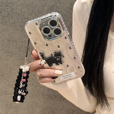 小黑猫郁金香适用苹果15手机壳