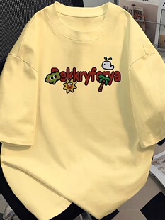 美式卡通椰子树印花T恤夏季纯棉短袖男女情侣装奶黄色休闲ins上衣