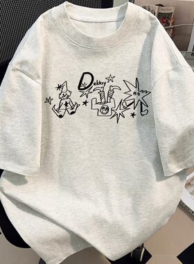 美式趣味超酷小丑印花T恤夏季男女情侣装纯棉短袖白灰色百搭上衣