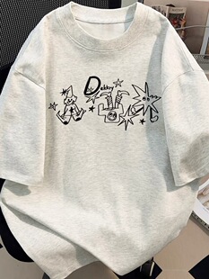 美式趣味超酷小丑印花T恤夏季男女情侣装纯棉短袖白灰色百搭上衣