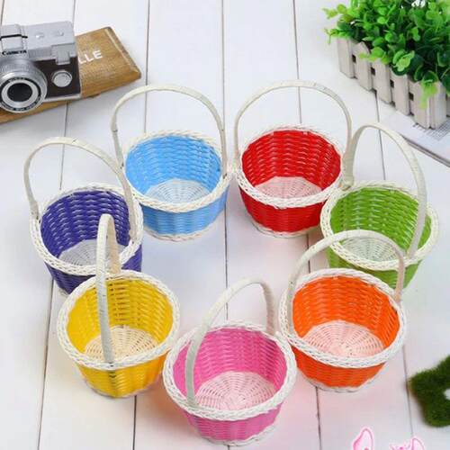Plastic Rattan Woven Blue Easter Egg Basket Round Storage Ba