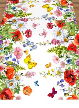 Red Wildflower Table Runner Seasonal Summer Colorful Flowers