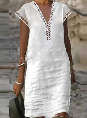 2023 New Summer Women Cotton Linen Dress Fashion Solid Hallo