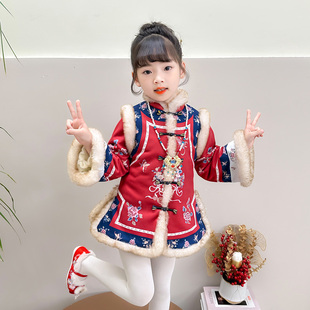 儿童拜年服女童汉服加绒加厚唐装 中国风旗袍女宝宝马面裙过年冬季