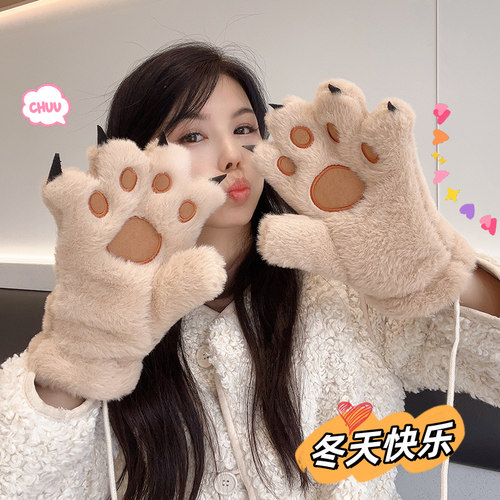 卡通可爱熊掌猫爪毛绒手套女挂脖