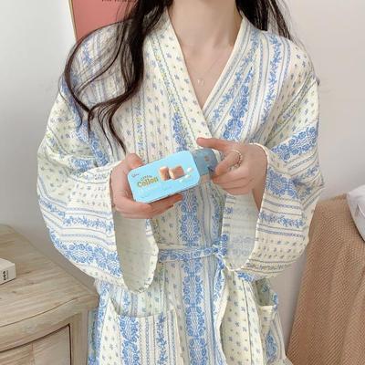 小清新条纹碎花纯棉纱布睡袍睡裙睡衣女款春秋季长袖浴袍家居服夏
