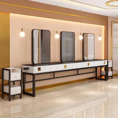 美发店镜台一体发廊专用双面仿大理石带灯剪发理发店不锈钢烫染桌