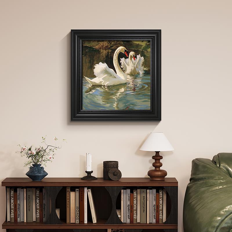 白天鹅法式复古挂画 划客厅斗柜挂画 划高级感小众艺术简约玄关装