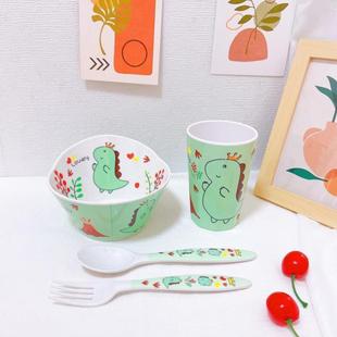 家用分格餐盘宝宝辅食碗水杯勺叉幼儿园饭盘 卡通恐龙儿童餐具套装