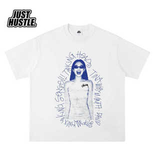 杰妮JENNIE人像短袖T恤紧身款纯棉重磅小领口亚比潮街头复古风韩