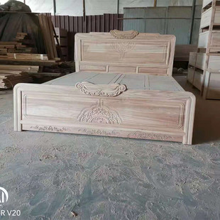 老榆木中式新古典实木床双人床婚床雕花卧室家具储物床白茬白胚坯