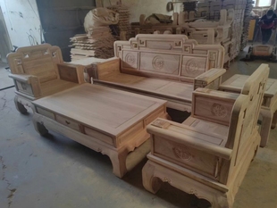 中式全实木沙发组合小户型客厅老榆木国色天香整装家具白茬白胚坯