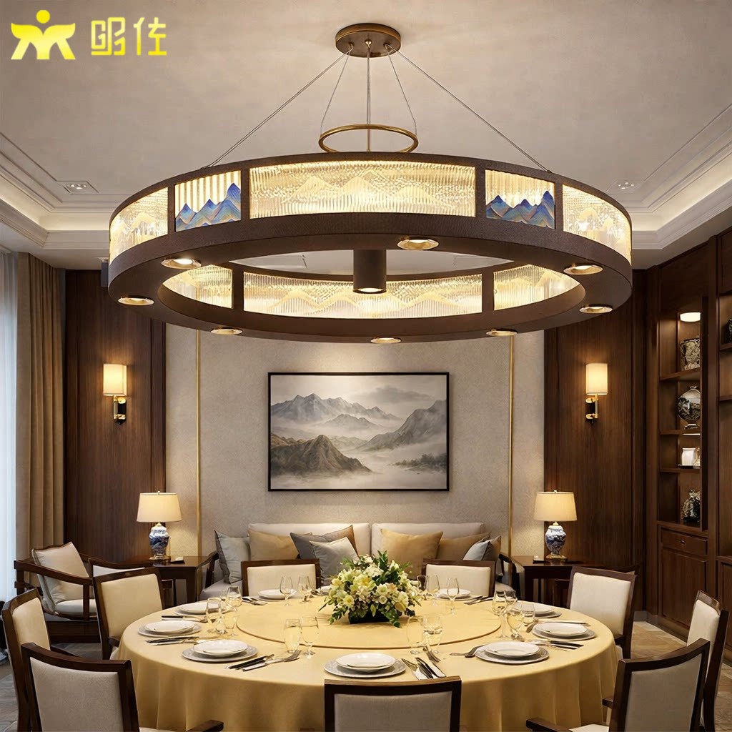 2025新中式客厅吊灯圆形LED饭厅饭店包房别墅会所复式楼茶室吊灯
