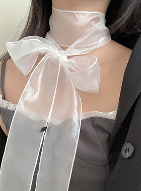 韩版春款时髦小众设计法式欧根纱长条小丝巾纯色飘带发带