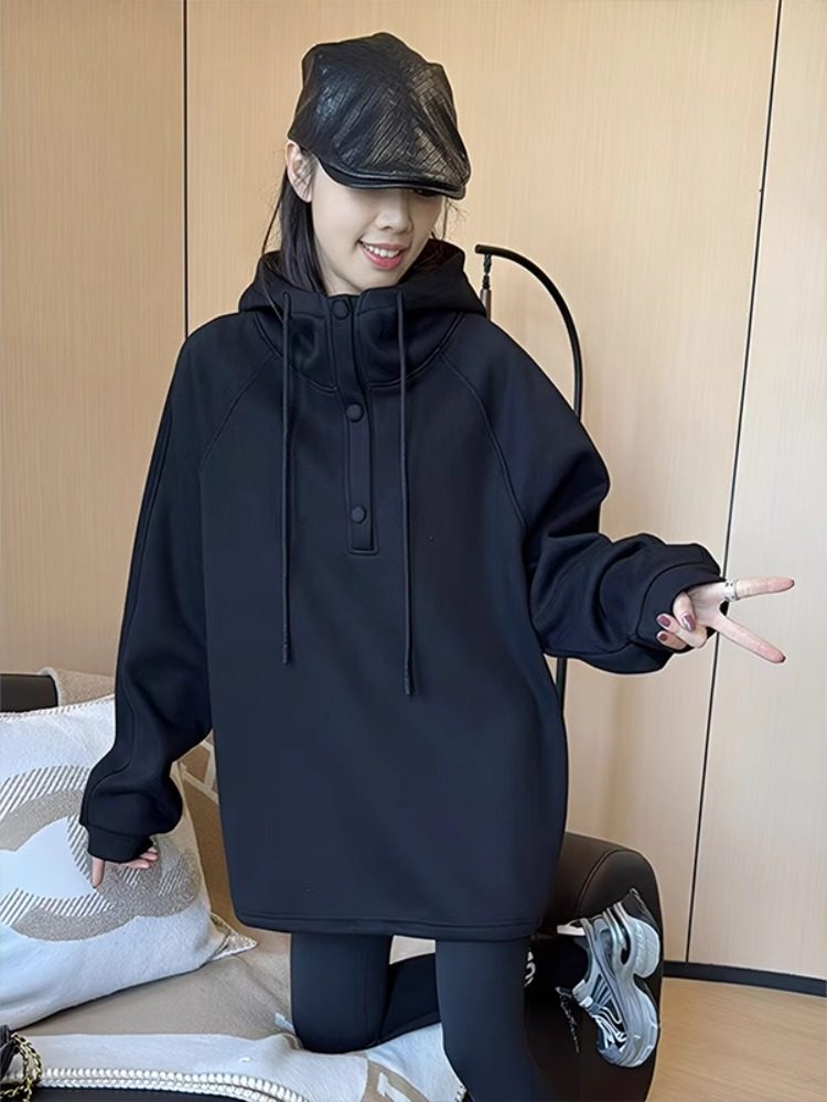 中长款连帽加绒卫衣女秋冬2025新款韩版宽松慵懒风设计感长袖上衣