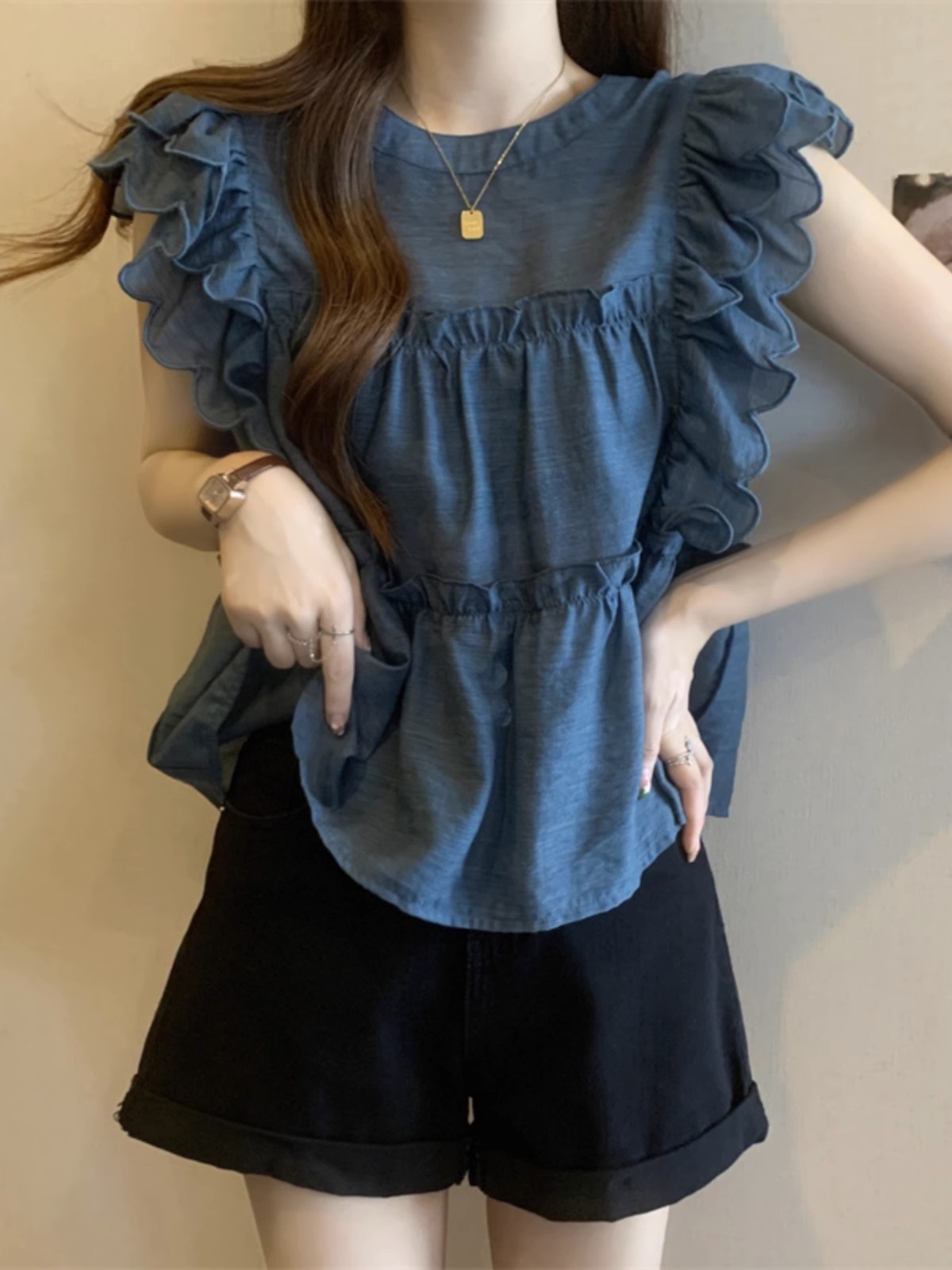 雪纺衬衫女短袖t恤女夏季2025新款荷叶边无袖娃娃衫小飞袖上衣女