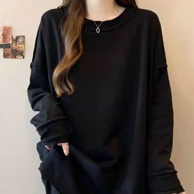 黑色长袖T恤女春秋2025新款大码宽松慵懒风显瘦中长款打底衫上衣