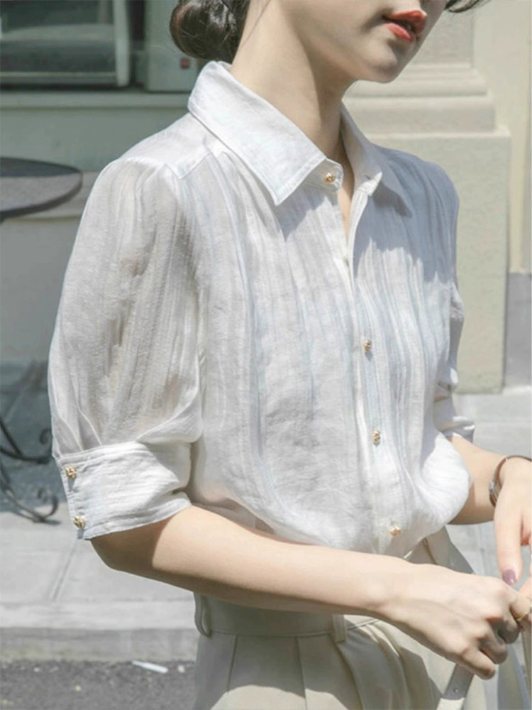 白色polo领雪纺短袖衬衫女夏季2026新款法式气质衬衣泡泡袖上衣女