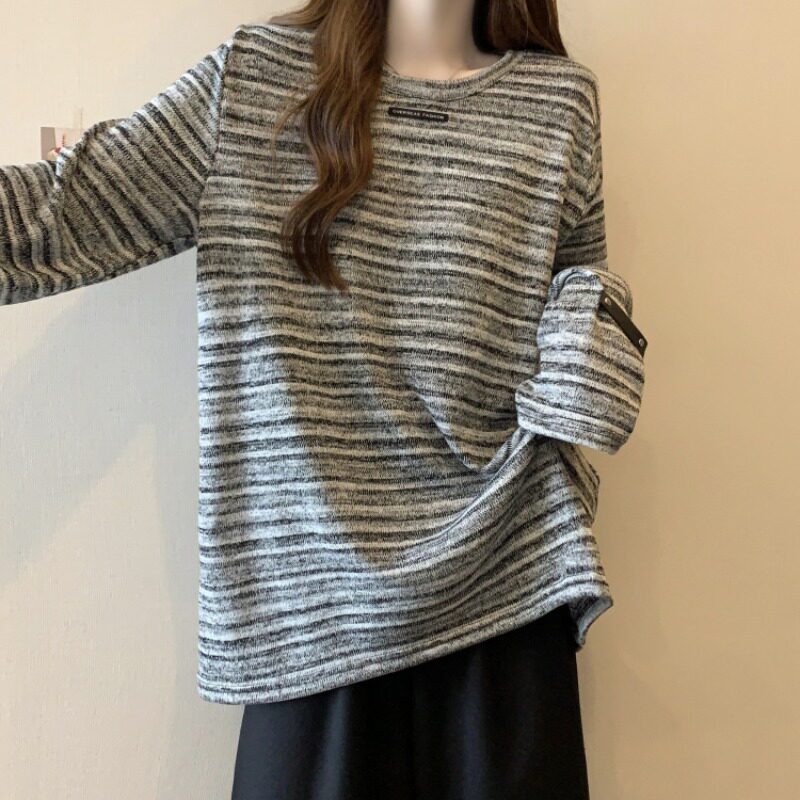 渐层条纹长袖T恤女春秋2025新款大尺码女装慵懒风覆古打底衫上衣